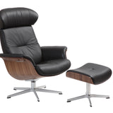 Timeout Reclining Chair with Ottoman - Black Leather/Walnut