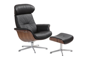 Timeout Reclining Chair with Ottoman - Black Leather/Walnut